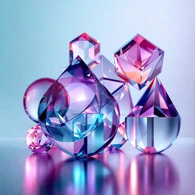 The primary subject of the image is a collection of three crystal-like glass objects, each with a different shape and color. They are placed on a table, which serves as the setting or background. The visual style of the image is a combination of photo and digital art, as it appears to be a close-up of the glass objects, with a slightly blurred background. The colors and mood of the image are predominantly purple and blue, giving it a calm and serene atmosphere.
